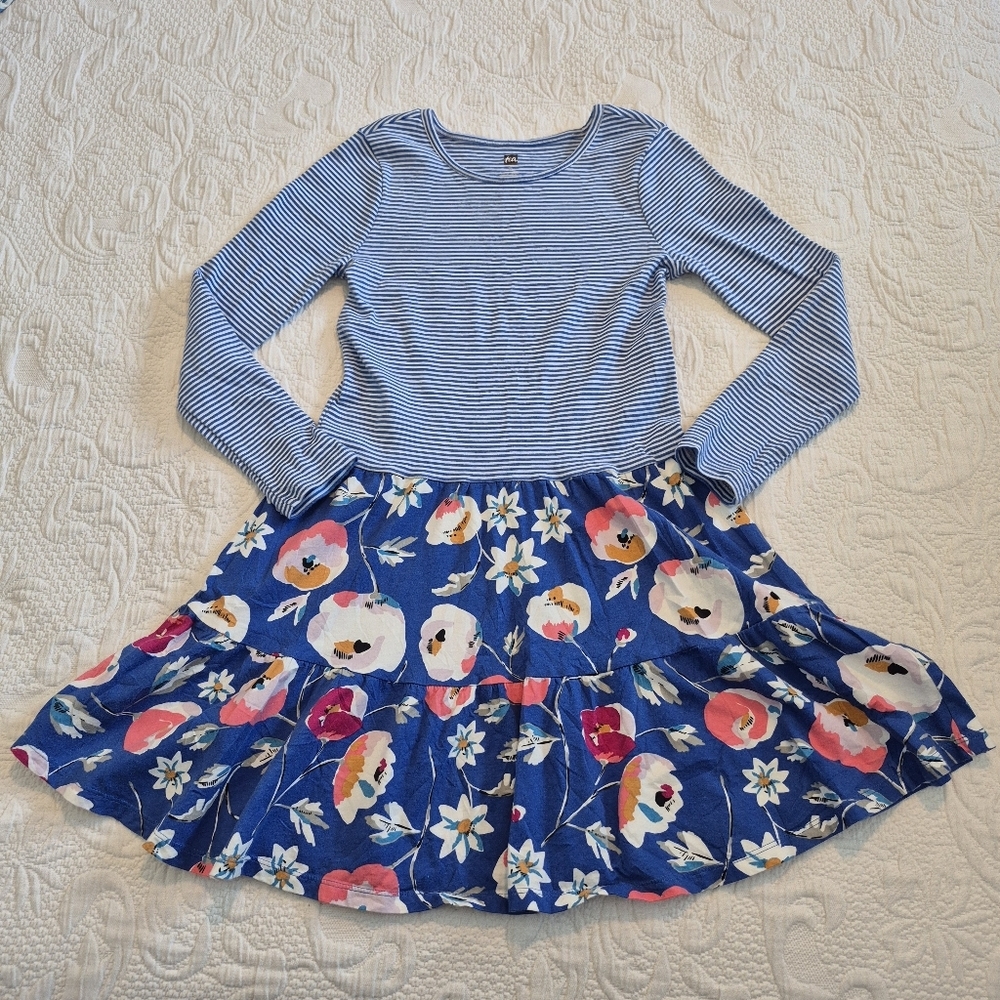 Tea Collection girls size 10 blue & white long sleeve dress floral bottom VVGUC